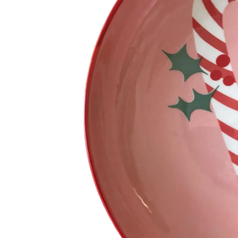 Christmas Candy Cane Dinner Bowl Set of 4 Ceramic Pink Red PrimaDesign Holiday